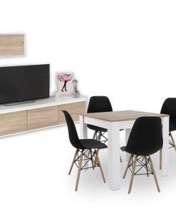 Packs Easy Mobel | Pack Muebles De Salon Nordico - Conjunto De Salon + Mesa Cuadrada + Sillas Blanco Y Cambria