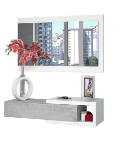 Sal N Y Comedor Easy Mobel | Mueble Recibidor Noon + Espejo Y Cajon Blanco Y Cemento