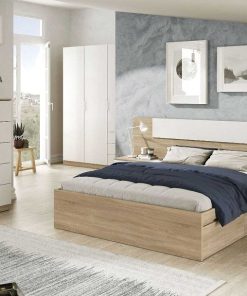 Dormitorio Easy Mobel | Cabecero De Cama Alaya. Cabezal + 2 Mesitas Blanco Y Roble