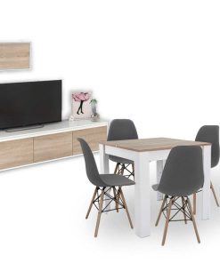 Packs Easy Mobel | Pack Muebles De Salon Nordico - Conjunto De Salon + Mesa Cuadrada + Sillas Blanco Y Cambria