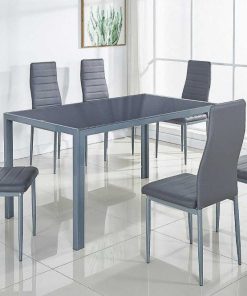 Mesas Y Sillas Easy Mobel | Mesa De Cristal Templado Dt-20 + 6 Sillas Polipiel. Comedor O Cocina Negro