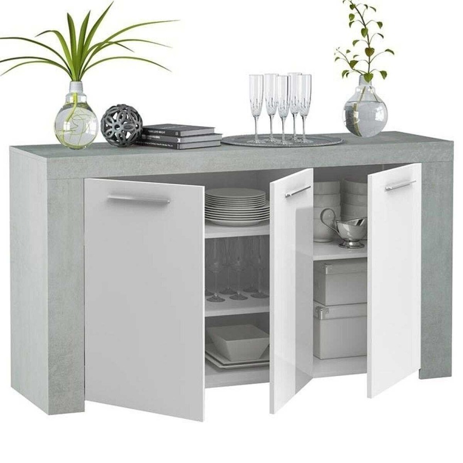 Sal N Y Comedor Easy Mobel | Aparador Ambit Buffet 3 Puertas. Muebles Salon O Comedor Blanco Y Cemento