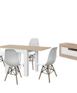 Packs Easy Mobel | Pack Muebles De Salon Nordico - Mueble Tv + Mesa Extensible + Sillas Blanco Y Cambria