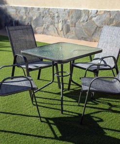 Muebles De Jard N Easy Mobel | Mesa Cuadrada De Cristal Templado + 4 Sillas. Muebles De Jardin Y Terraza Gris