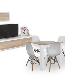 Packs Easy Mobel | Pack Muebles De Salon Nordico - Conjunto De Salon + Mesa Cuadrada + Sillas Blanco Y Cambria