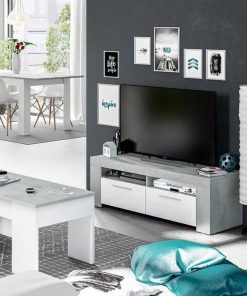 Sal N Y Comedor Easy Mobel | Mueble Bajo Tv Ambit 2 Puertas Blanco Y Cemento