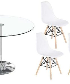 Mesas Y Sillas Easy Mobel | Pack Mesa Redonda De Cristal Templado + 4 Sillas Estilo Nordico Blancas Blanco